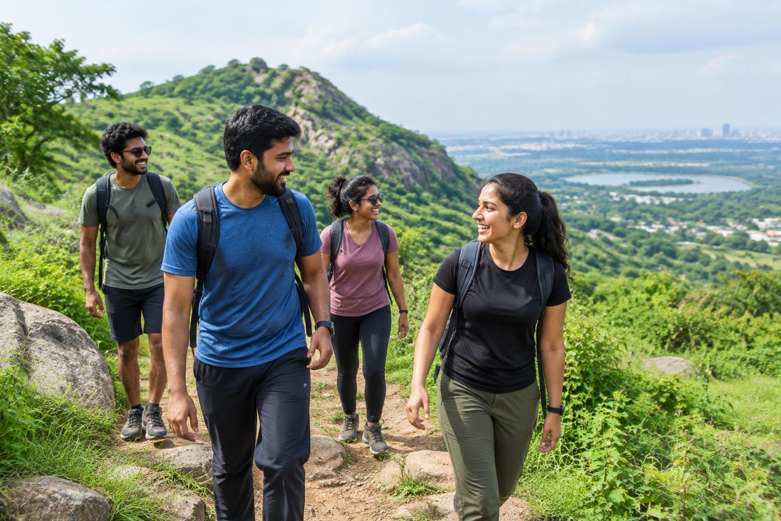 Friends exploring a green hillside together