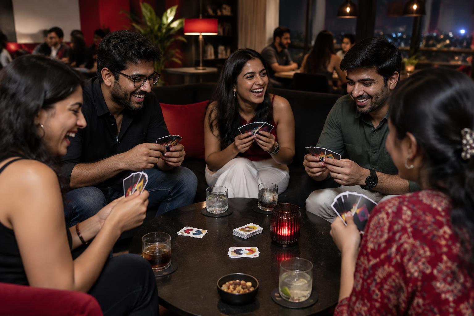 Friends laughing over a social card game